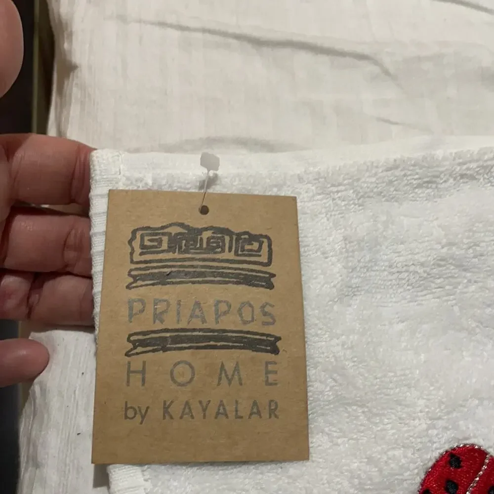 Priapos Home white hand towel with2 embroidered lady bugs NWT and super cute